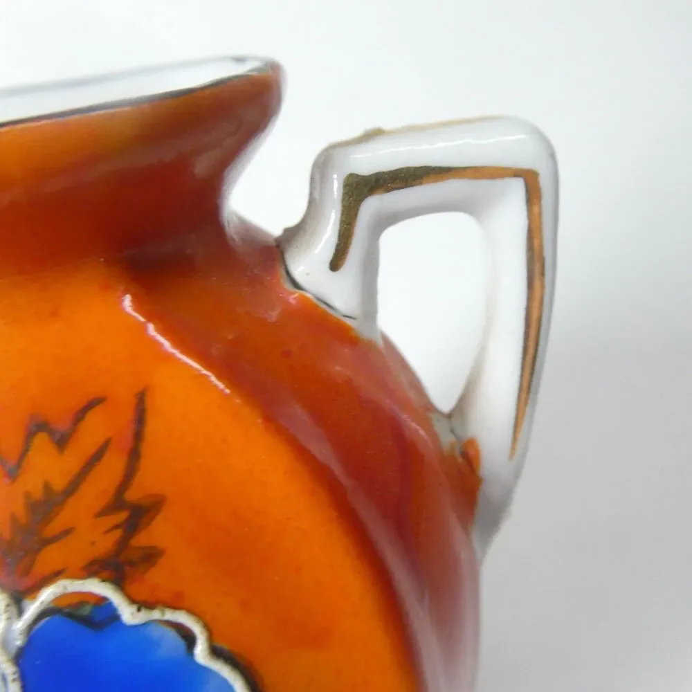 Orange Vase Blue Flowers Art Deco Japan Vintage Porcelain 3.75